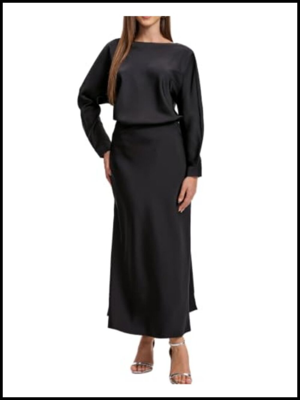Satin 2 Piece Outfit Midi Skirt Set Long Sleeve Boat Neck